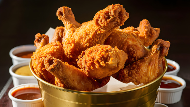 metal bucket full of fried chicken