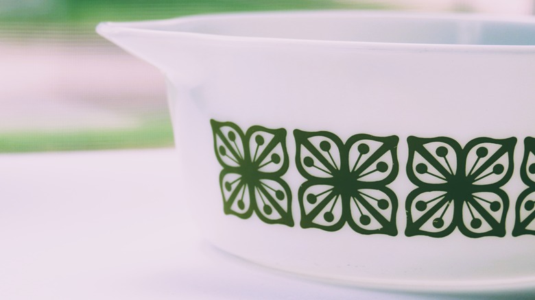 a green vintage Pyrex dish