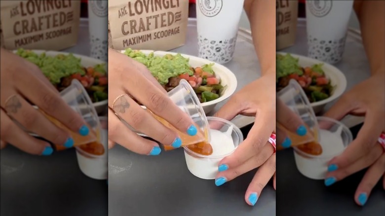 Person mixing Chipotle's honey vinaigrette and a side of sour cream