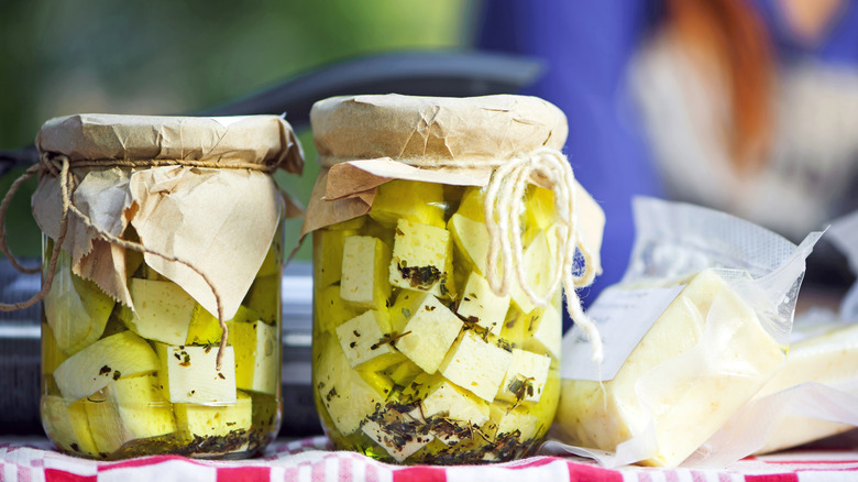 Two jars of feta in brine