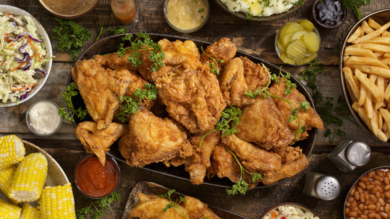 Fried chicken platter on table