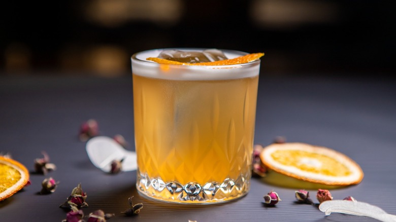 A whiskey sour in a lowball glass