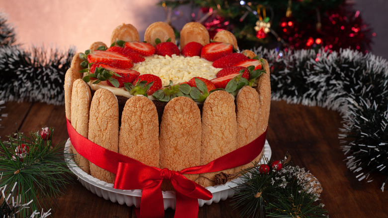 Strawberry Charlotte Russe dessert tied with a red ribbon