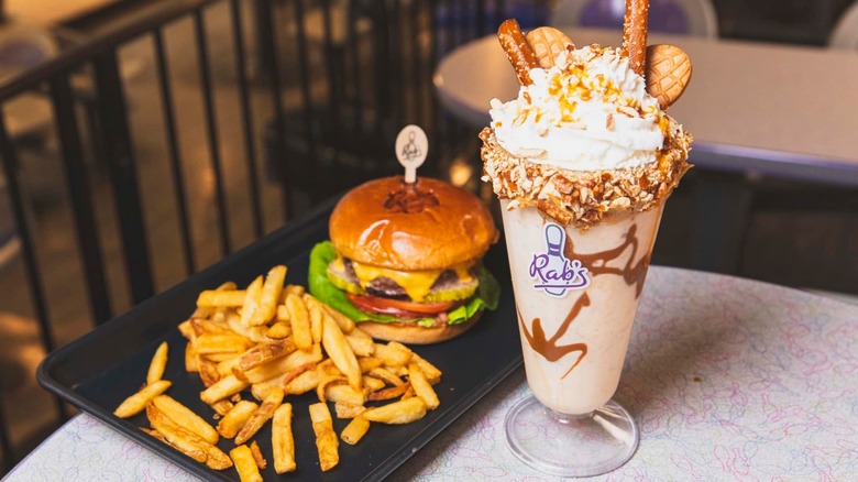 burger on tray with milkshake