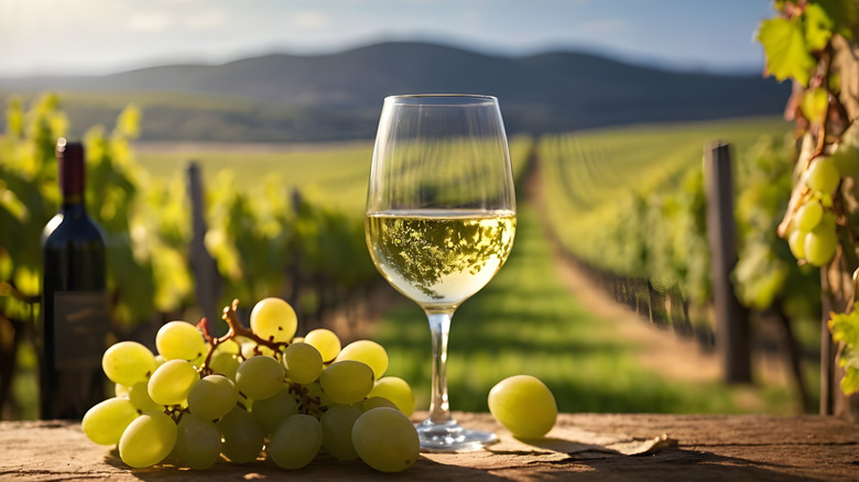 glass of wine with grapes in a vineyard