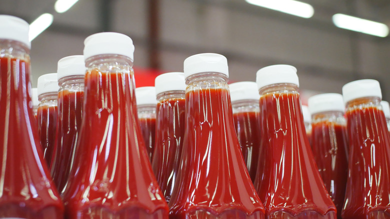 numerous bottles of ketchup