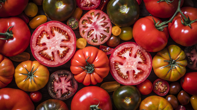 various tomatoes some sliced others whole