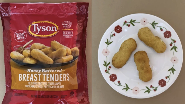 A bag of tyson honey battered chicken tenders and three on a plate