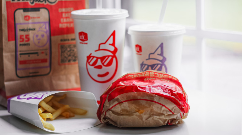A selection of Jack in the Box food, wrapped on a counter.