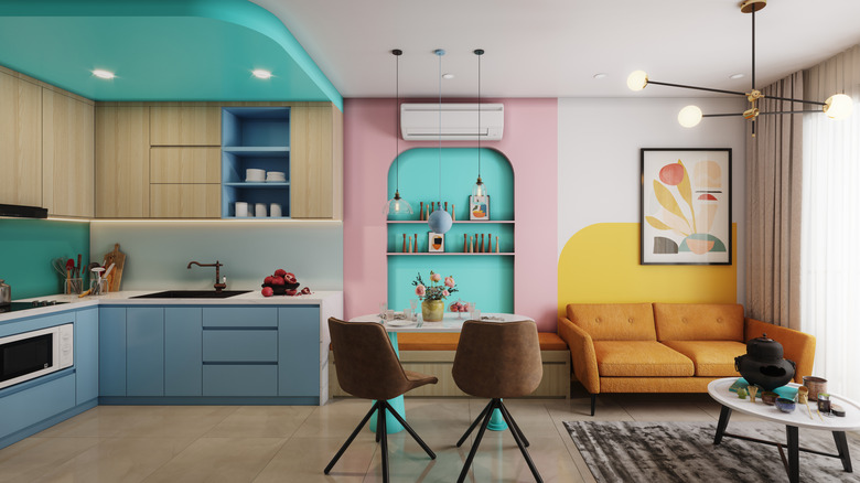 trendy and colorful open-plan kitchen