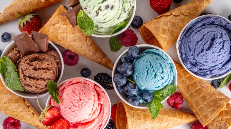 Various flavors of ice cream with waffle cones