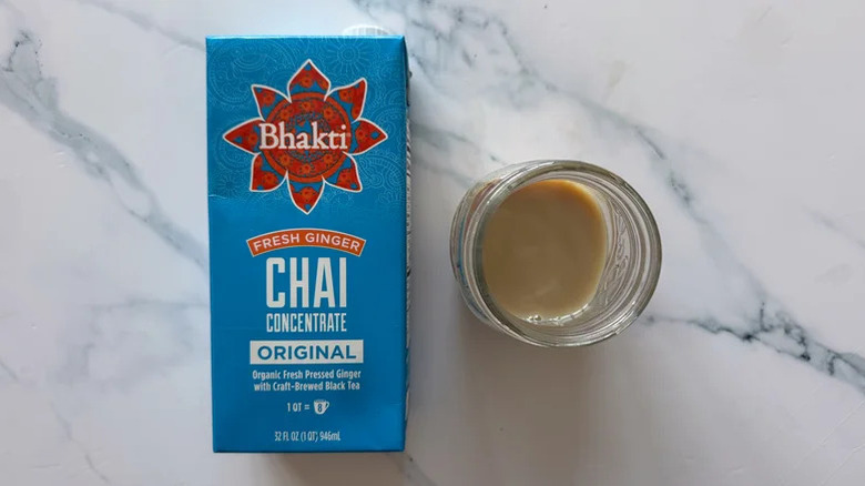 top down view of Bhakti Chai Concentrate Original box laying on counter