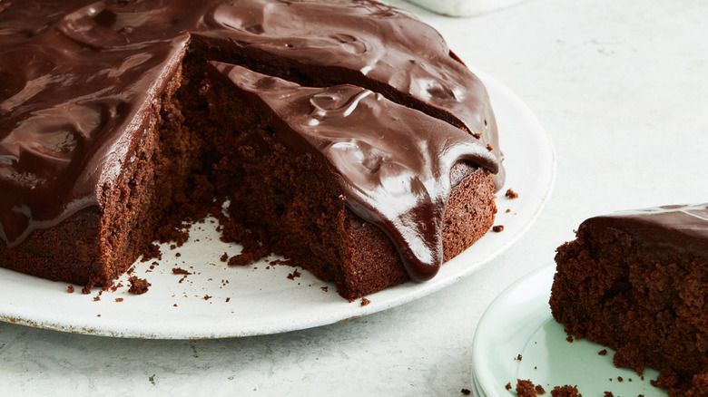 Close-up photo of a sliced chocolate cake