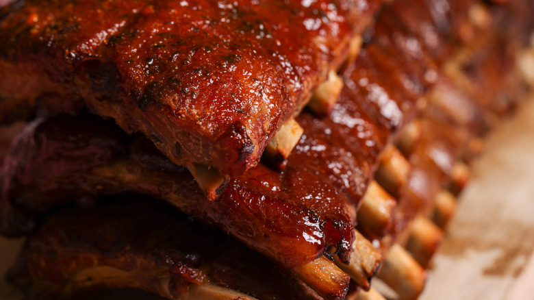 Close up of smoked baby back ribs.