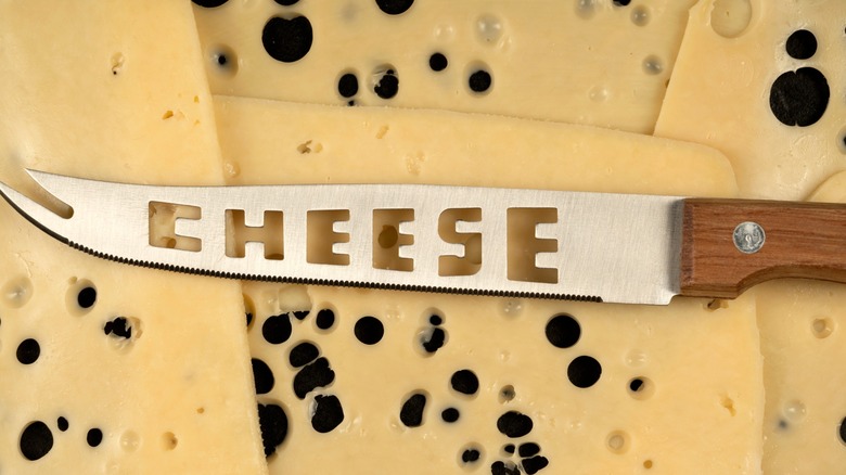 A cheese knife with the word 'cheese' cut out of the blade.