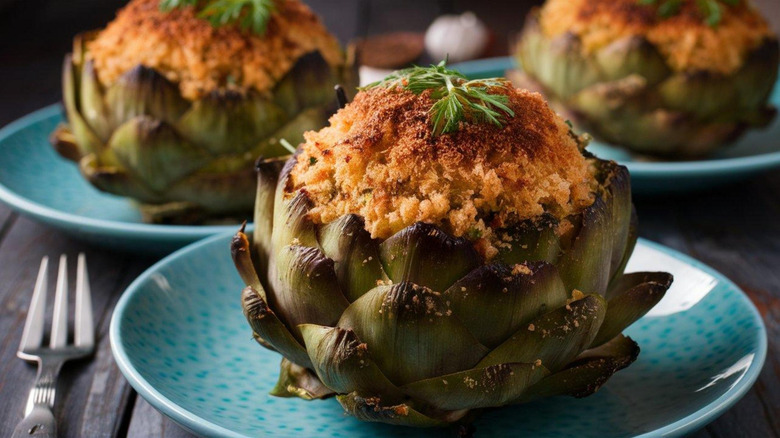 Plates of stuffed artichokes