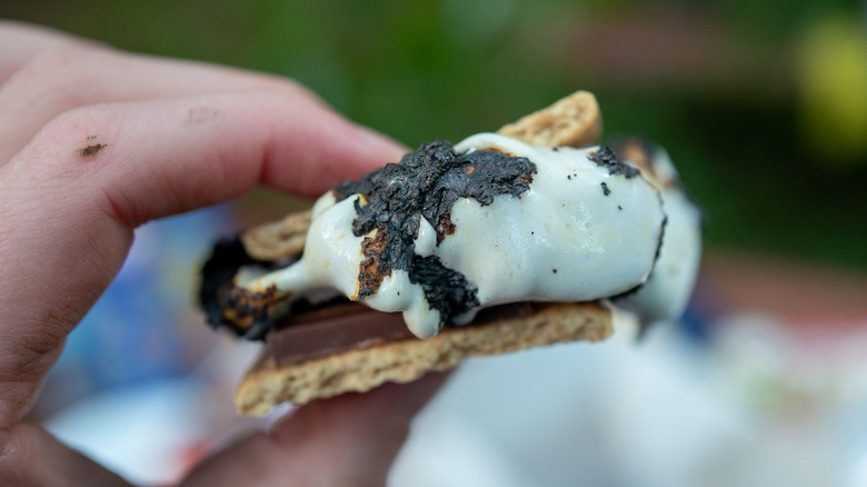A hand holding a s'more with a burnt marshmallow