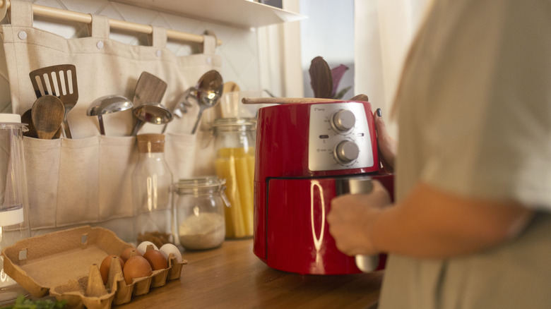 Person holding air fryer basket