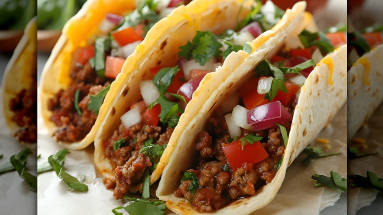 closeup of chili inside three tacos
