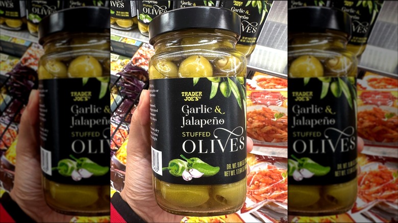 Bottle of Garlic and Jalapeño stuffed olives
