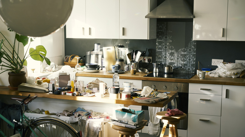 cluttered kitchen shelves