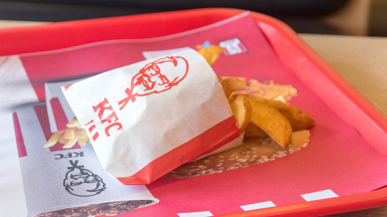 A paper sleeve holds KFC potato wedges.