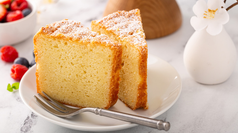 a plate with two slices of pound cake