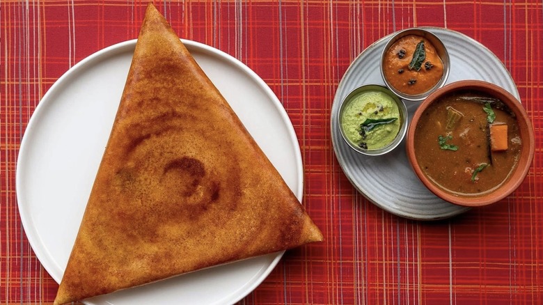 The Gunpowder Dosa from Semma with colorful sauces on the side