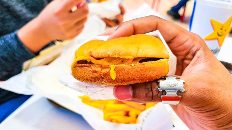 Someone holding a cheeseburger from Hardee's