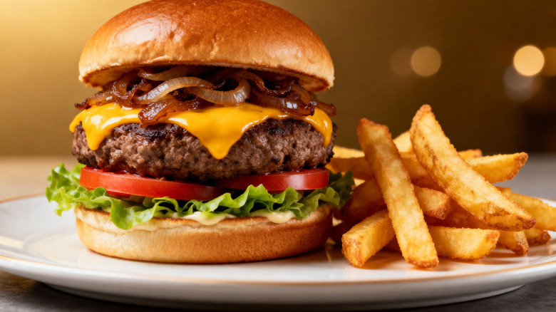 Cheeseburger with fries on a white plate
