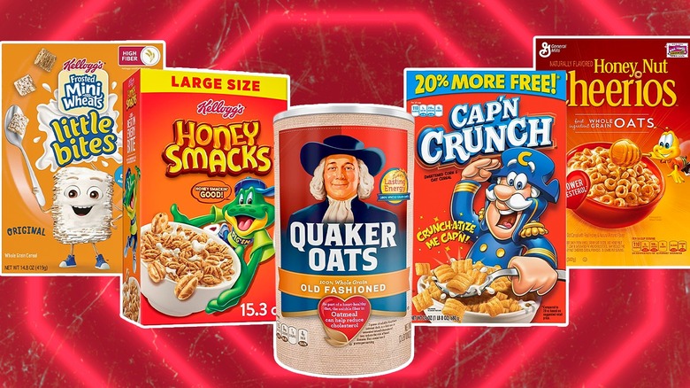 Composite photo of cereal boxes (Frosted Mini Wheats, Honey Smacks, Quaker Oats, Cap'n Crunch, Honey Nut Cheerios) on a red background with angular neon-red lines