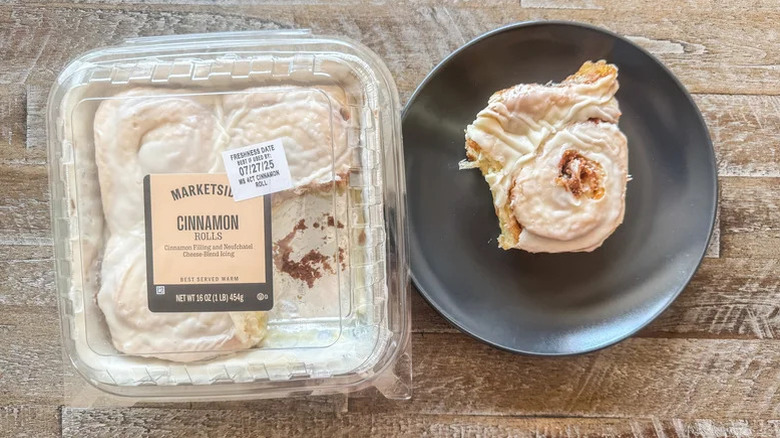 Cinnamon rolls from Walmart Bakery in packaging and one on a plate