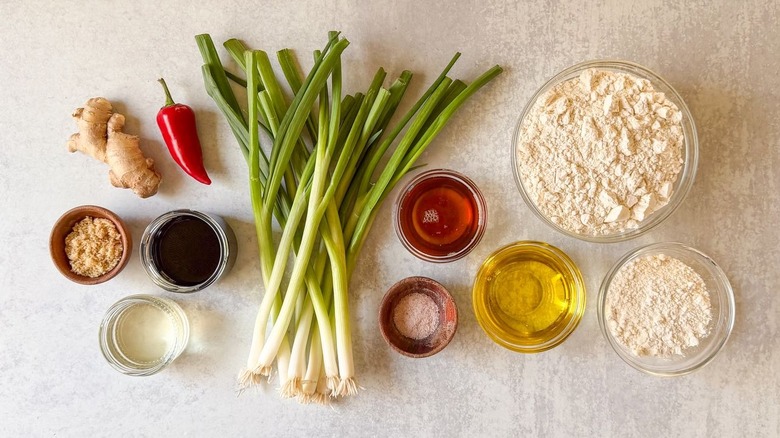 Scallion pancakes ingredients on countertop