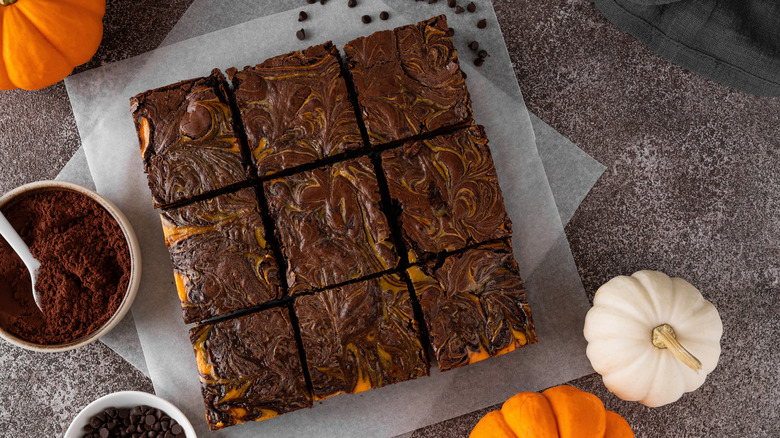 Pumpkin brownies on parchment paper with whole pumpkins on the side