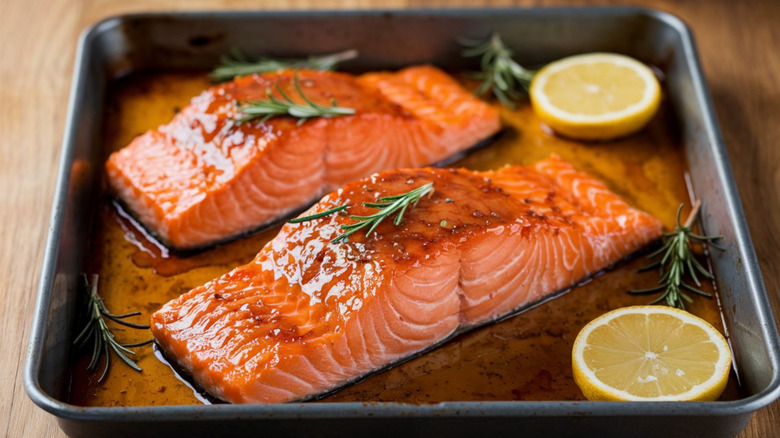 raw salmon filets dressed with rosemary and lemons
