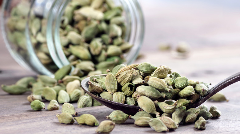 Cardamom pods are styled to spill out of a jar and overflow a spoon.