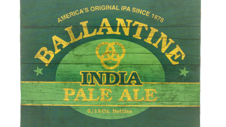 Front view of an old case of Ballantine beer.