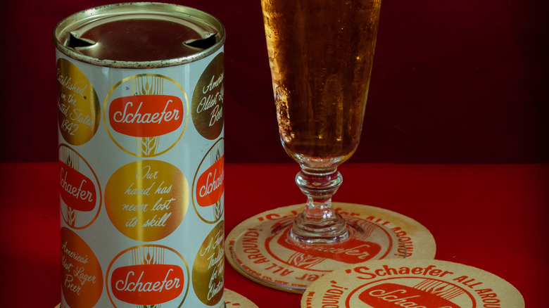 Closeup of an old-school can of Schaefer nbeer