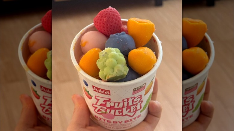 An open Aiko Garden Fruits Bucket with the fruit-shaped ice cream treats shown inside