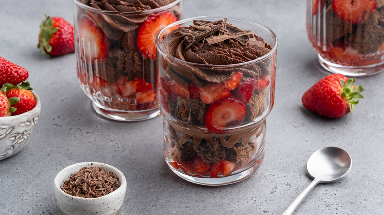 Chocolate mousse garnished with strawberries