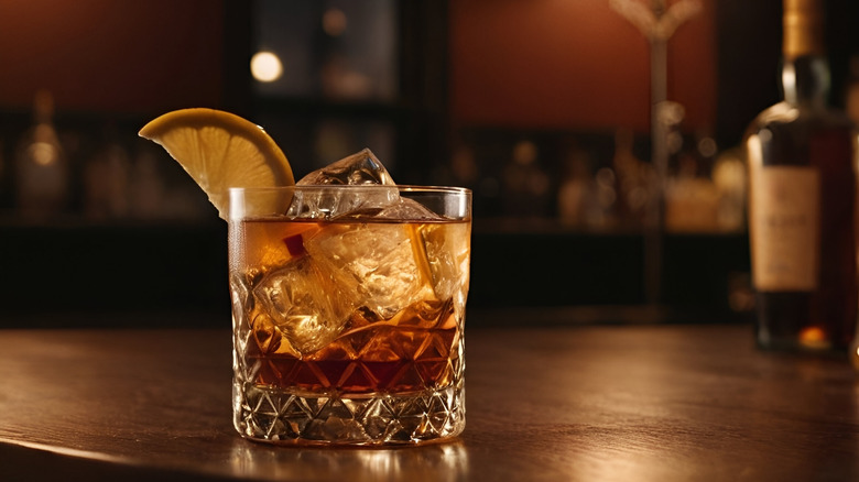 whiskey cocktail garnished with lemon