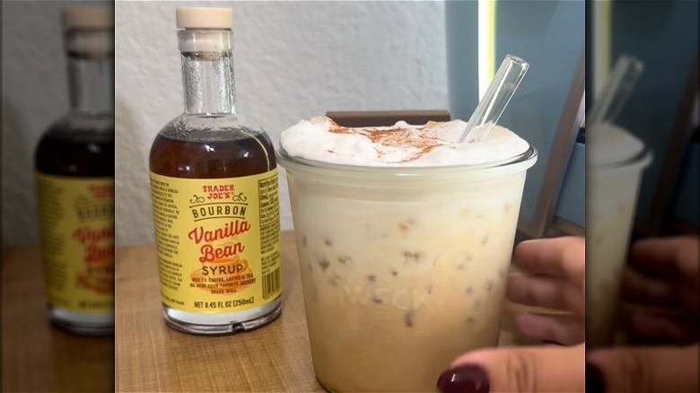 Trader Joe's Bourbon Vanilla Bean syrup in front of a homemade iced coffee