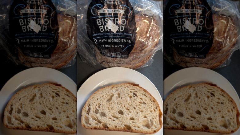 Aldi small-batch bistro bread on a counter with a slice on a plate