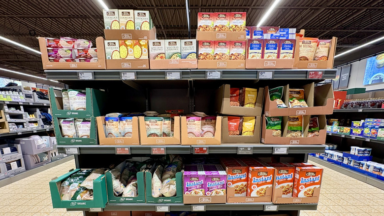 Packages of rice on a store shelf