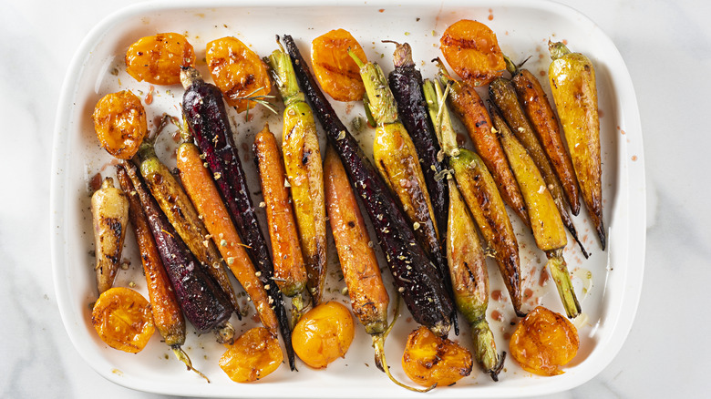 displayed pan of roasted carrots