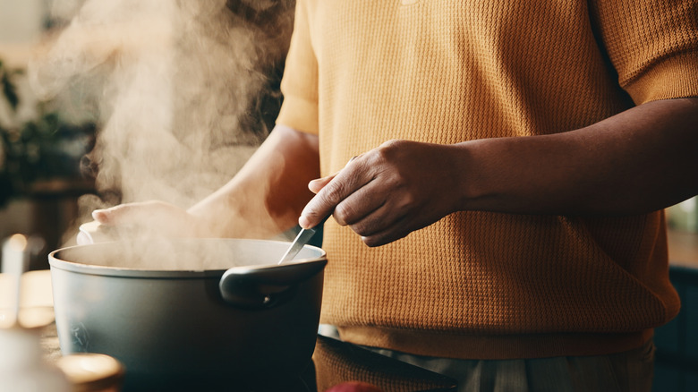 A home cook stirs a pot of food.