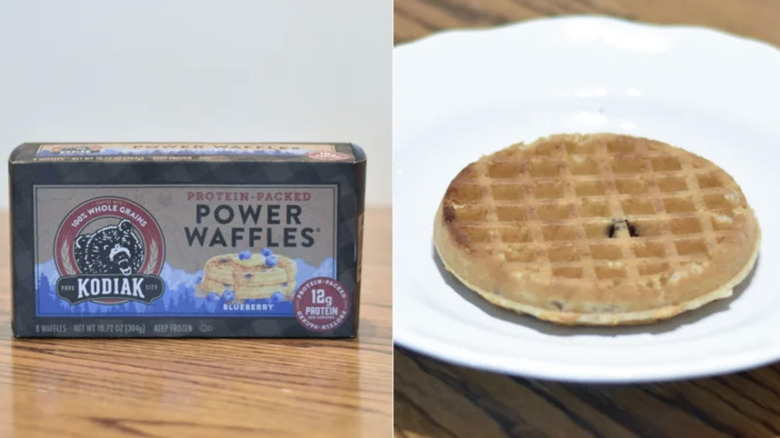 a box of Kodiak frozen blueberry waffles, and one on a plate