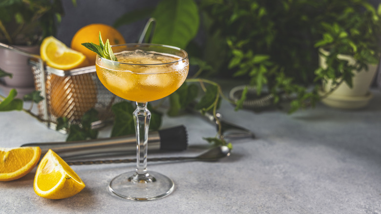 Champagne can be factored into many cocktails and served on ice in coupe glasses.