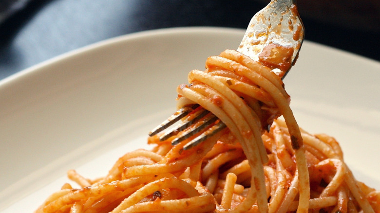 Spaghetti and sauce in a bowl with a fork lifting some noodles