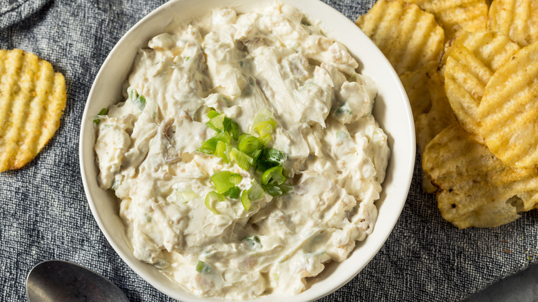 homemade clam dip with potato chips
